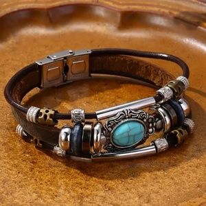 NEW BOHO TRIBAL VINTAGE LOOK LEATHER BANDS TURQUOISE CHARM SNAP CLOSURE BRACELET